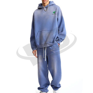 High Quality Heavyweight Acid Washed Solid Streetwear Fleece Tracksuit Men Elastic Waist Hoodie Jogger Two Piece Breathable - Product Image 1
