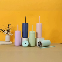 Gobelet isotherme fin mat couleur macaron avec paille, bouteille d'eau en acier inoxydable de 16 oz, logo personnalisé, vente en gros
