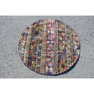 Alfombra turca vintage clásica ecológica de pelo medio, 3,8x3,8 pies, lana, rojo, amarillo, diseño de retazos, área grande, comedor ovalado - Product Image 1