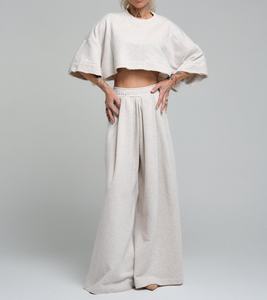 Women's Summer Casual Solid Breathable 2 Piece Set Regular Fit Cropped <b>Short</b>-<b>sleeved</b> T-shirt Wide-leg Pants Custom Logo - Product Image 1