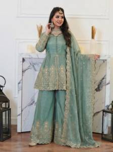 Designer Ethnic Wear Embroidery Sequence Work Fandy Silk <b>Top</b> With Plazzo Bottom And Dupatta Fully Stitched Ready To Wear Set - Product Image 4