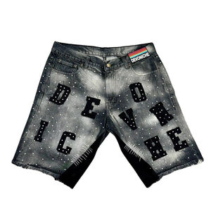 Hot Sale Custom Men's 100% Denim Shorts Rhinestone pant Summer jeans Diamond Crystal Side <b>Strip</b> Washed Denim Shorts for Men - Product Image 1