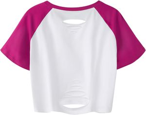 Camiseta desgastada con gráfico de dedo de calavera para mujer, Tops cortos de manga corta rasgados compuestos de 95% algodón y 5% Elastano - Product Image 2