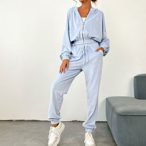 Precio barato, conjunto deportivo de primavera personalizado para mujer, Sudadera con capucha cortada con cremallera en blanco, en la cintura con cordón Pantalones deportivos, conjunto de 2 piezas para mujer - Product Image 3