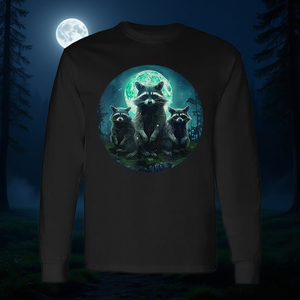 Camiseta de manga larga con diseño de 3 cabezas de mapache ladrando a la luna, producto promocional - Product Image 3