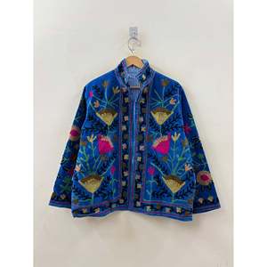 Autumn Winter Cobalt Blue Suzani-Embroidered Velvet <b>Mandarin</b> <b>Collar</b> <b>Jacket</b> Ladies Quilted Handcrafted Jaipur Garden Samarkand - Product Image 3