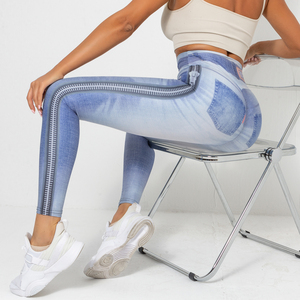 Nouvelle impression numérique Denim moulant taille haute fermeture éclair motif pantalons de Yoga sport course Fitness Leggings pour les femmes - Product Image 6