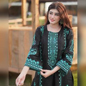 Conjunto exclusivo de Kurti y Palazzo de seda romana de diseñador con bordado pesado, trabajo de espejo y dupatta de georgette arrugada para mujer - Product Image 4