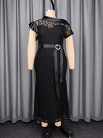 ADR060146 Robes de soirée élégantes pour femmes, col asymétrique, manches irrégulières, taille nouée, dentelle