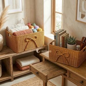 Cesta de Almacenamiento Rectangular de Ratán Hecha a Mano en Vietnam con Lazo, Organizador de Mimbre Sostenible para el Hogar y la Lavandería - Product Image 5