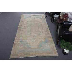 Vintage 5 X 11.5ft Beige Bleu Laine Tapis À La Main Turc Grande Zone Abstraite Zone Latex Couloir Rectangulaire pour La Décoration De La Chambre - Product Image 1