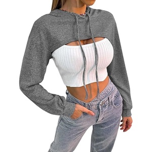 Sudadera con capucha de lana recortada transpirable para mujer a la moda, sudadera hueca de manga larga con estilo, Capucha con cordón, ropa informal - Product Image 5