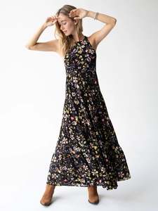 Hot Selling Women's Casual Maxi <b>Dress</b> Flounce Sleeves Standard V-Neck <b>Elastic</b> Empire Waist Drawstring Hand Block Trendy Pattern - Product Image 6