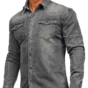Denim <b>Shirt</b> <b>Men</b> Denim <b>Jeans</b> <b>Shirts</b> Autumn Spring Long Sleeve Slim Fit Cotton <b>Shirts</b> Casual Neck Knitted Custom Printed Designs - Product Image 1