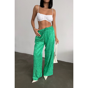 Pantalones de satén jacquard verde para mujer - Product Image 4