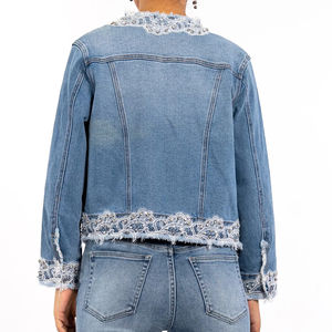 STITCHMODE Fabricación Moda Bleach Wash Manga larga Encaje Rhinestone Señoras Chaqueta de mezclilla Precio al por mayor - Product Image 3