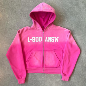 Sudadera con capucha de otoño con serigrafía bordada 3D personalizada algodón pesado 400GSM lavado ácido sol desteñido remache diamantes de imitación largo - Product Image 4