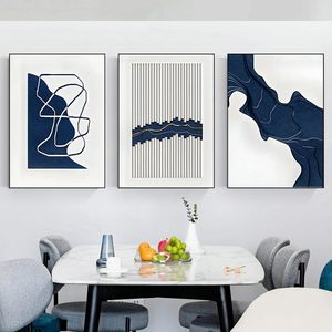 ARTFEB Navy Blue Wall Art, Abstract Blue and White <b>Painting</b> Wall Art <b>for</b> Living Room Decor,Black <b>Framed</b> - Product Image 1