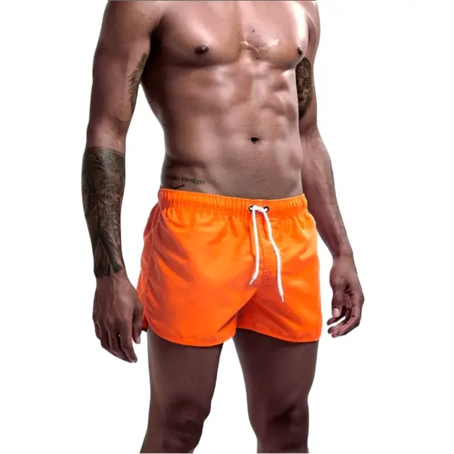 Shorts de natação masculinos, cor laranja, roupa de praia, atacado, logotipo personalizado, transferência de calor