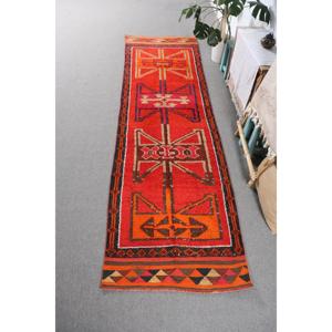 Vintage <b>Runner</b> Rug 2.9x10.6 ft, <b>Red</b> Orange Striped Rug Wool - Product Image 1