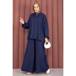 Conjunto Casual Azul Marino de Dos Piezas, Túnica con Cierre Decorativo y Pantalones, Se Puede Usar por Separado o Juntos - Product Image 5