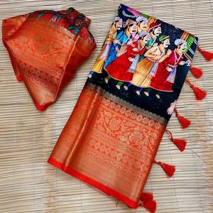 Sari VASTRA COTTAGE de Seda Pura de Lichi con Estampado Digital Kalamkari Pichwai, Borde de Zari Enriquecido, Tejido con Elegantes Borlas y Blusa - Product Image 6