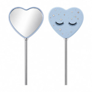 Heart Shape Handheld Makeup Mirror With Starry Sky And Lashes Design Blue <b>Plastic</b> Frame Chrome Handle Single Side - Product Image 1