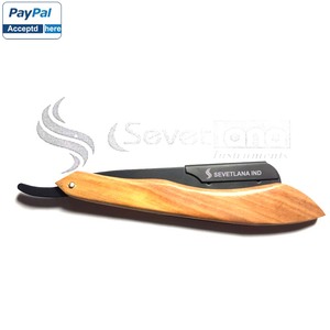 Maquinilla de afeitar profesional de acero inoxidable recta de una sola hoja con mango de madera con logotipo y embalaje personalizados - Product Image 3