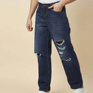 Jeans rasgados desgastados para hombres con un ajuste cónico y jeans rasgados resistentes con borde delantero a la moda - Product Image 3