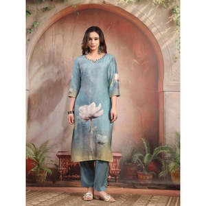 ชุดคุर्ตาผ้าไหมจอร์เจตต์พิมพ์ลายสีเขียวสำหรับผู้หญิง พร้อมกางเกงและผ้าคลุมไหล่ สไตล์ปากีสถาน-อินเดีย ชุดสัลวาร์ คามีซแบบเย็บสำเร็จ - Product Image 5