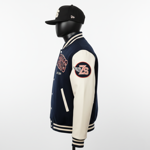 Veste universitaire en laine de haute qualité 350GSM avec manches en PU crème Corps bleu marine Patchs personnalisés Broderie Design Veste universitaire pour hommes - Product Image 2