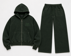 ONE APEX Breathable Vintage Forest Green <b>Zip</b> Hoodie Sweatpants Men's Regular Fit Wide Leg Fleece Winter Washed Cotton Casual - Product Image 1