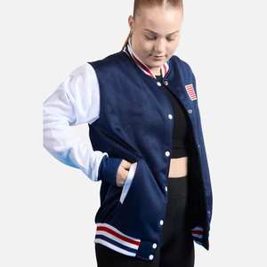 Chaqueta Letterman para Mujer, Cuerpo de Lana Cachemira Amarilla y Mangas de Cuero Genuino Azul, Chaquetas Universitarias de la Hermandad Griega - Product Image 4