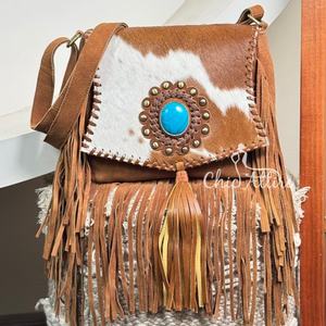 Nuevo estilo occidental pelo en piel de ante con flecos bolso de hombro de cuero bohemio de alta calidad para mujer con piedra turquesa - Product Image 1