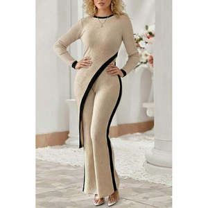 Conjunto de Dos Piezas de Blusa de Manga Larga con Cuello Redondo y Corte Asimétrico de Punto Acanalado y Pantalones para Mujer de Jane's para Uso Diario Informal - Product Image 2