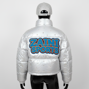 Chaqueta acolchada plateada brillante para mujer, tela de poliéster de alta densidad, bordado de logotipo de chenilla personalizado, chaqueta acolchada de Invierno para mujer - Product Image 2