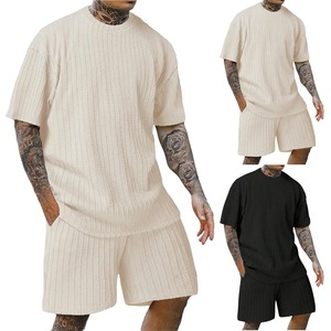 Trajes de verano de dos piezas para hombre, camiseta de manga corta con cuello redondo y pantalones cortos informales con cordón, traje suave de Color sólido a la moda - Product Image 1