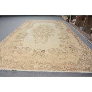 พรมตุรกีโบราณคลาสสิกขนาด5.3X9.5ฟุตงานปะทำด้วยมือสีเบจผ้าไหมขนสัตว์ไม้ไผ่พร้อมยางรองสำหรับวัยรุ่น - Product Image 4