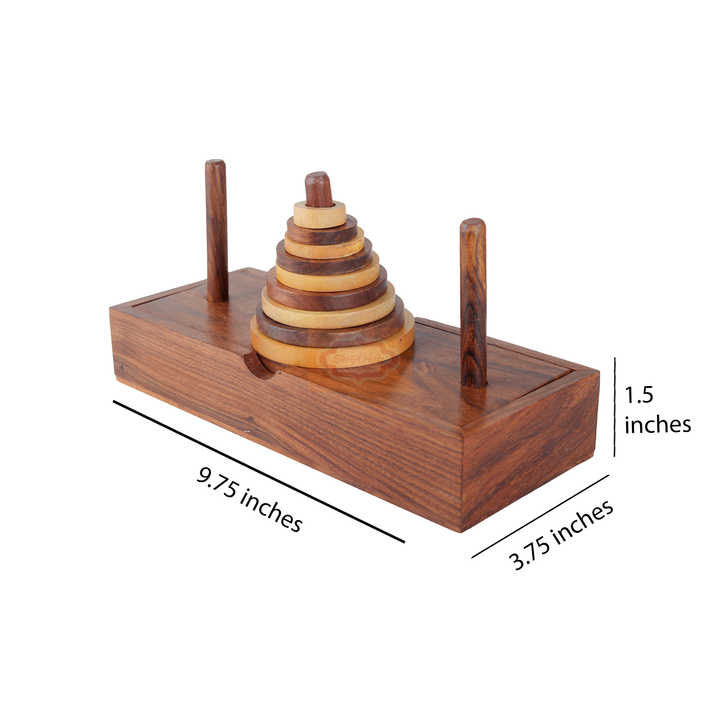 Shriji Handcrafted Wooden Stacking Ring Puzzle Toy Educational Storage Box With Cube Pattern IQ Brain Teaser & Hanoi Tower Game