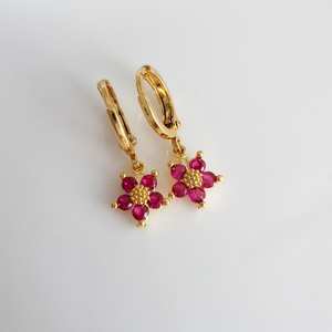 Natural Pink <b>Ruby</b> Sterling Silver Earrings Fuchsia Gold Flower Design Cute Dainty Floral Jewelry Gift for Her - Product Image 1