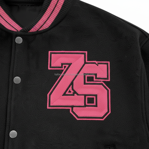 High Quality 380 GSM <b>Wool</b> Fabric Varsity Jacket Black With <b>Pink</b> Stripes Embroidered Chenille Custom Logo Varsity Jacket for man - Product Image 6