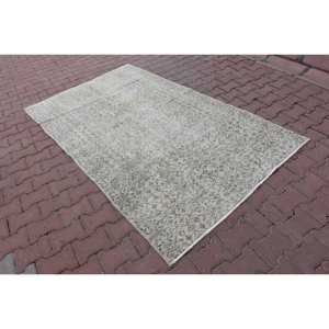 Tapis turc classique vintage beige 4.6x7.5 pieds en laine faite à la main avec motif patchwork et support en latex pour chevet - Product Image 2