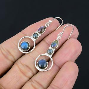 Designer 925 Solid Sterling <b>Silver</b> Dangle <b>Earrings</b> for Women Wedding Gift Simple Trendy Spinner Labradorite Gemstone <b>Drop</b> - Product Image 3