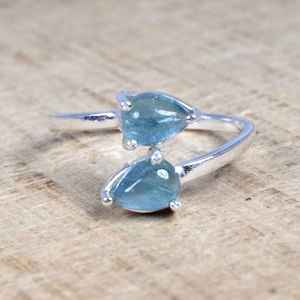 Aqua <b>Tourmaline</b> Sterling Silver Adjustable Ring Boho Gemstone Jewelry Rhodium Plated Luxury US Size 9 Handmade Gift for Women - Product Image 1