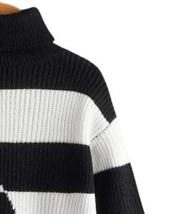 Customized Women <b>Black</b> White Patchwork Turtleneck Sweater Winter Warm Knitted <b>Long</b> <b>Sleeve</b> Casual Oversized Pullover Fashion <b>Top</b> - Product Image 2