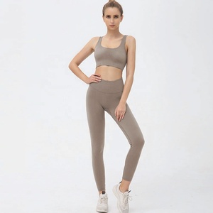 Leggings de yoga taille haute sans couture longueur intégrale couleur moutarde unie pour femme – Pantalon de sport extensible et respirant en Spandex/Polyester pour le fitness - Product Image 4
