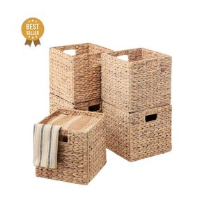 <b>Foldable</b> Eco-Friendly Water Hyacinth Rattan Storage <b>Basket</b> Woven Rectangle Organizer for Bathroom Bedroom Pantry Laundry - Product Image 1