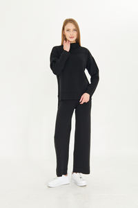 ชุดเสื้อสเวตเตอร์และกางเกง2ชิ้นสำหรับผู้หญิงชุดเสื้อถักแขนยาวเอวยางยืดชุดเสื้อถักขากว้างมีสไตล์ - Product Image 2