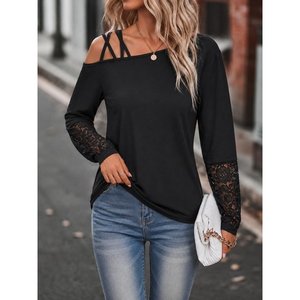 Blusa de viscosa de manga larga con un solo hombro y detalle de rayas cruzadas para mujer, 37716 - Negro - Product Image 1