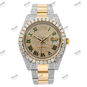 Reloj de diamantes de moissanita de dos tonos de 40mm de la mejor calidad, acento dorado con número romano verde único, esfera analógica, estilo antiguo de lujo - Product Image 2